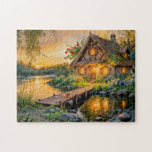 Sonnenuntergangs-Fluss-Cottage mit Hund auf der Br Puzzle