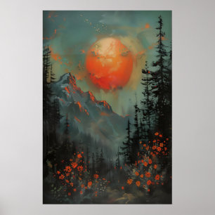 Sonnenuntergangs-Gebirgslandschaft-Kunstprint, Bot Poster