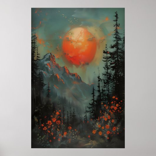 Sonnenuntergangs-Gebirgslandschaft-Kunstprint, Bot Poster (Vorne)