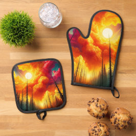 Sonnenuntergangs-Kunst Ofenhandschuh & Topflappen-Set