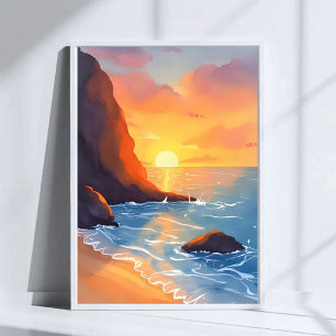 Sonnenuntergangs Küste   Strand Ozean Wellen Poster