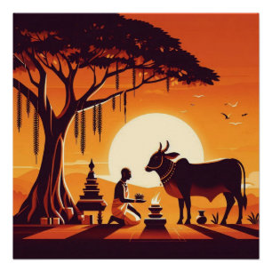 Sonnenuntergangs-Orange Hindu-Kuh-Puja-Ritual-Kuns Poster