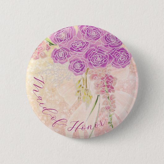 Sonnenuntergangs-Rosa-Bogen-Rosenstrauß Ehrenjungf Button (Vorderseite)