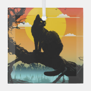 Sonnenuntergangs-Silhouette Katze und Baum Ornament Aus Glas