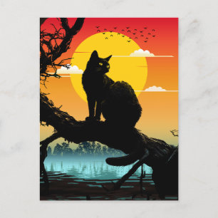 Sonnenuntergangs-Silhouette Katze und Baum Postkarte