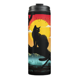 Sonnenuntergangs-Silhouette Katze und Baum Thermosbecher