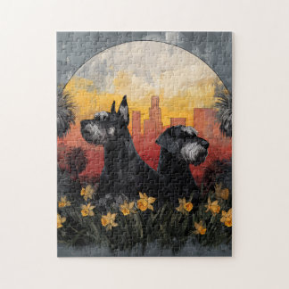 Sonnenuntergangs-Stadt-Hundepuzzle Puzzle