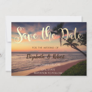 Sonnenuntergangs-Strandhochzeit, Palmen  Termin vo Save The Date