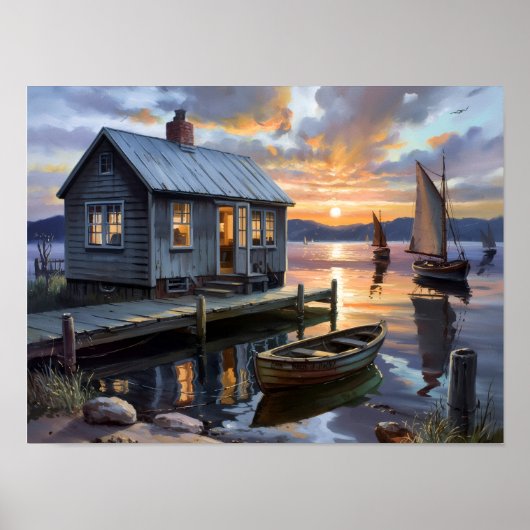 Sonnenuntergangs-Trost: Hütte am See Poster (Vorne)
