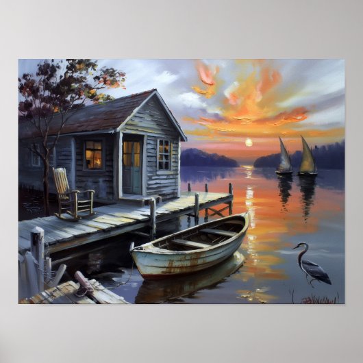 Sonnenuntergangs-Trost: Hütte am See Poster (Vorne)