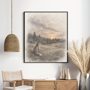 Sonnenuntergangs-Wiese Traumhafte Grafit-Waldnat Poster