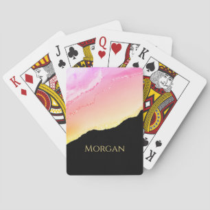 Sonnenuntergangsachat, Goldglitter & Name auf Schw Spielkarten