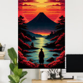 Sonnenuntergangsfluss mit Vulkan Poster (Heimbüro)