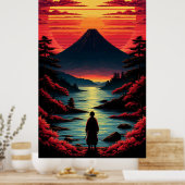 Sonnenuntergangsfluss mit Vulkan Poster (Küche)