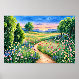 Sonnenuntergangspfad durch eine Wildblumenwiese Poster