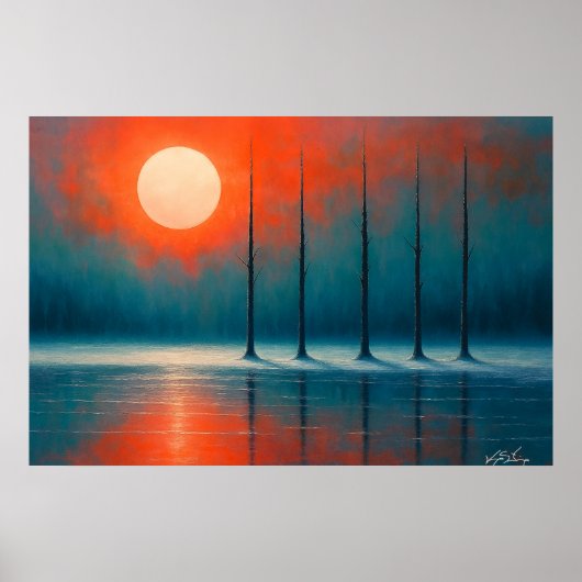 Sonnenuntergangsreflexionen mit kahlen Bäumen Poster (Vorne)