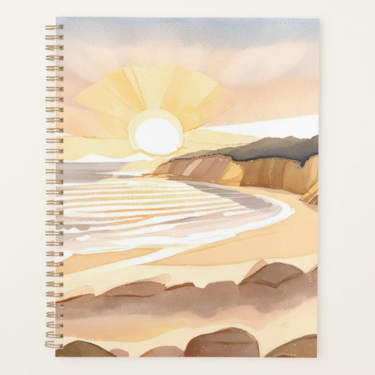 Sonnenuntergangsstrand | Ozean Wasserfarbe Küste Planer (Vorderseite)
