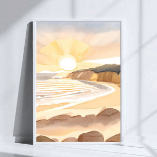 Sonnenuntergangsstrand   Ozean Wasserfarbe Küste Poster