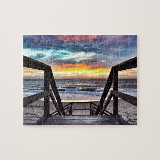 Sonnenuntergangsstrandansicht von rustikaler Holzt Puzzle (Horizontal)