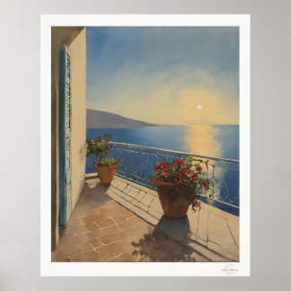 Sonnenuntergangsterrasse Leinwand, Mittelmeerblick Poster