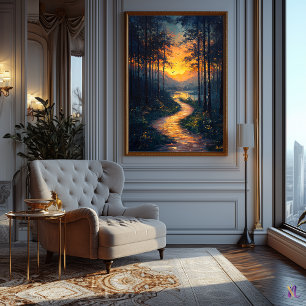 Sonnenuntergangswaldweg im impressionistischen Sti Poster