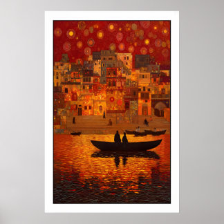 Sonnenuntergangswandkunst Bohemian Fluss Szene - W Poster