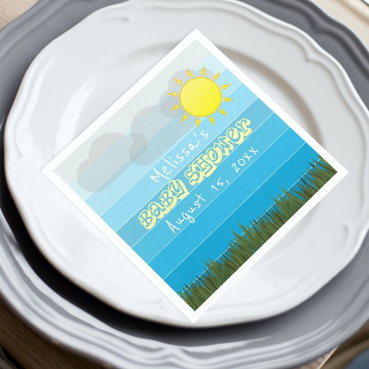 Sonnenwolken und Gras auf Blue Stripes Babydusche Serviette