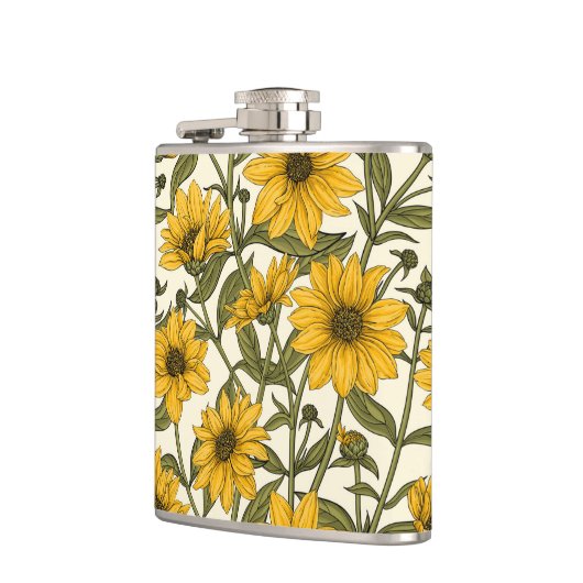 Sonnenwurzel, wilde Sonnenblumen auf weißem Grund Flachmann (Links)