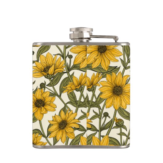 Sonnenwurzel, wilde Sonnenblumen auf weißem Grund Flachmann (Rückseite)