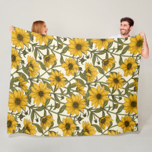Sonnenwurzel, wilde Sonnenblumen auf weißem Grund Fleecedecke