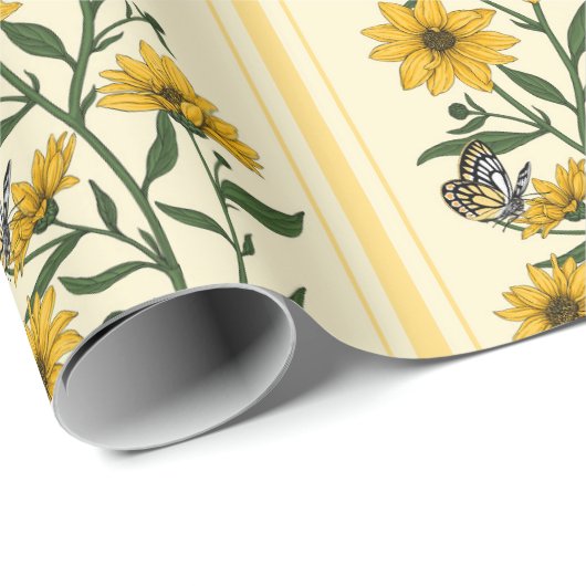 Sonnenwurzelblumenstreifen auf weißem Boden Geschenkpapier (Rolleneckpunkt)