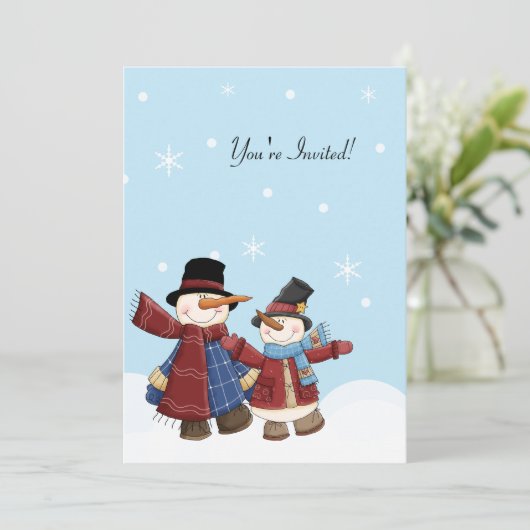 SONNENZEIT SNOWMAN Winter-Party Einladung (Stehend Vorderseite)
