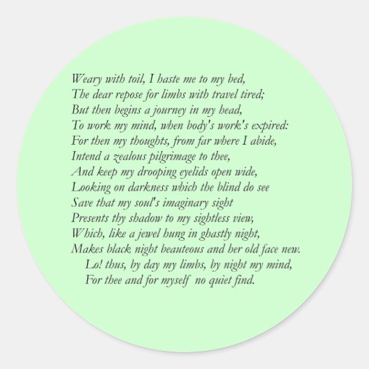 Sonnet # 27 von William Shakespeare Runder Aufkleber (Vorderseite)