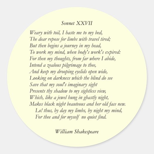 Sonnet # 27 von William Shakespeare Runder Aufkleber (Vorderseite)