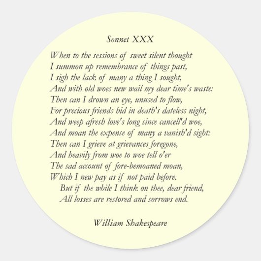 Sonnet # 30 von William Shakespeare Runder Aufkleber (Vorderseite)