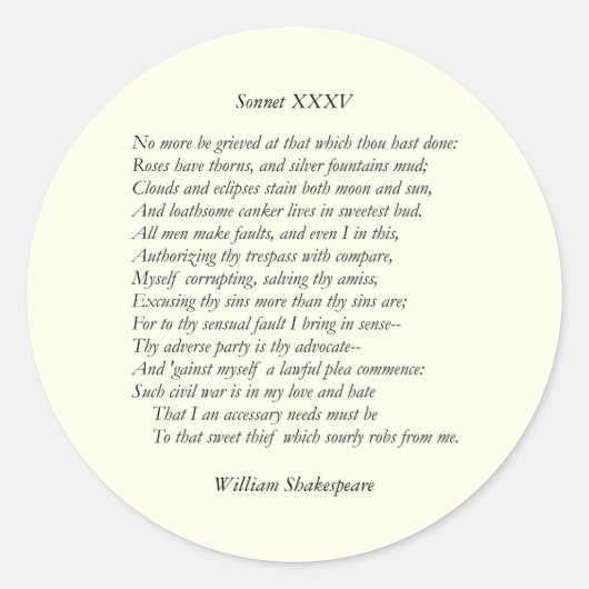 Sonnet # 35 von William Shakespeare Runder Aufkleber (Vorderseite)