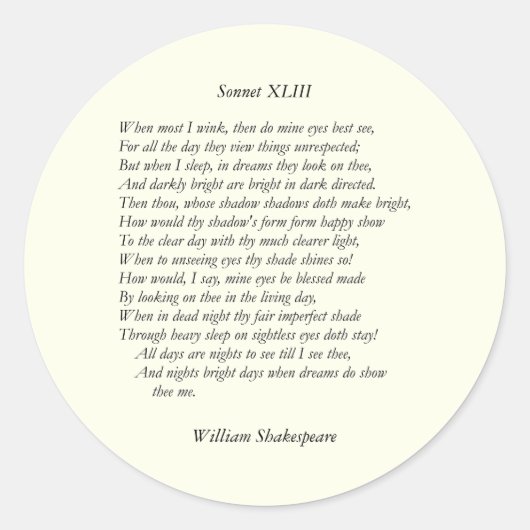 Sonnet # 43 von William Shakespeare Runder Aufkleber (Vorderseite)