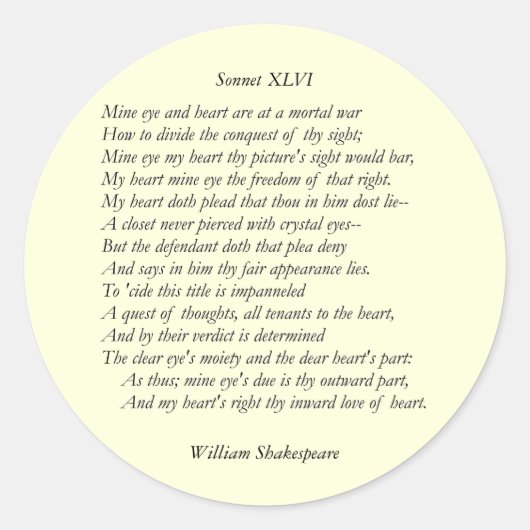 Sonnet # 46 von William Shakespeare Runder Aufkleber (Vorderseite)