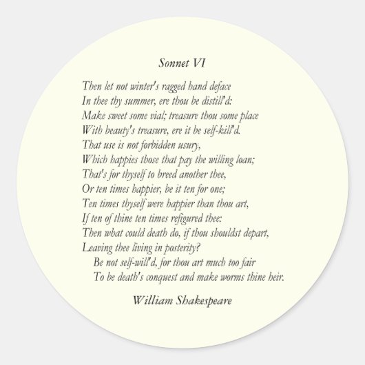 Sonnet # 6 von William Shakespeare Runder Aufkleber (Vorderseite)