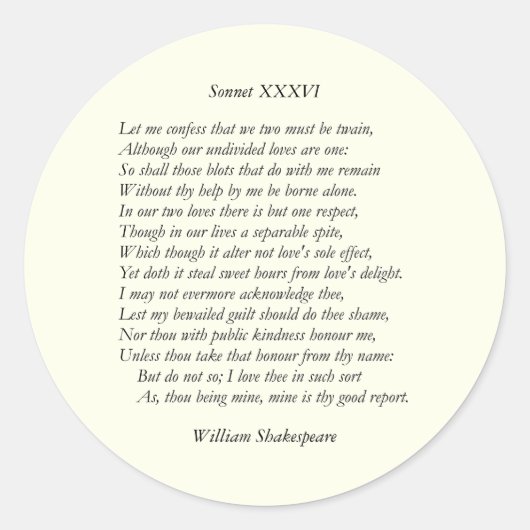 Sonnet Nummer 36 von William Shakespeare Runder Aufkleber (Vorderseite)
