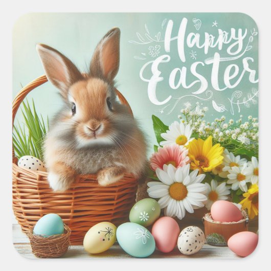 Sonnig in einem Korb, Blume und Ostereier Quadratischer Aufkleber (Vorderseite)