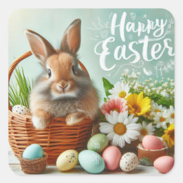 Sonnig in einem Korb, Blume und Ostereier Quadratischer Aufkleber