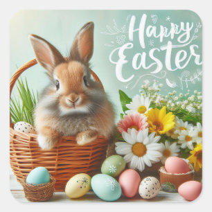 Sonnig in einem Korb, Blume und Ostereier Quadratischer Aufkleber
