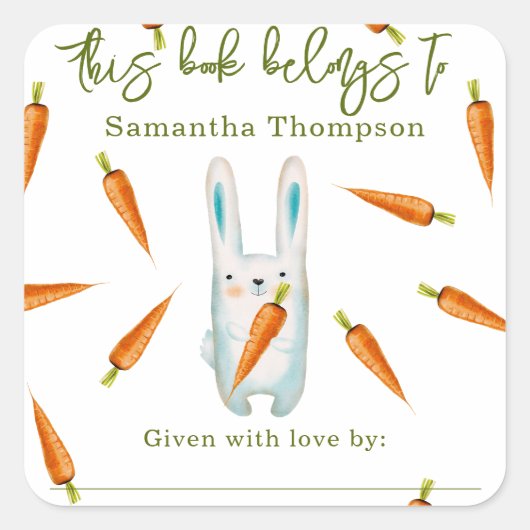 Sonnig mit Karotten - dieses Buch gehört Quadratischer Aufkleber (Vorderseite)