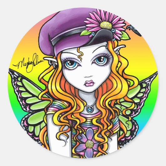 "Sonnig" Niedliche Regenbogenschmetterlingskleber Runder Aufkleber (Vorderseite)