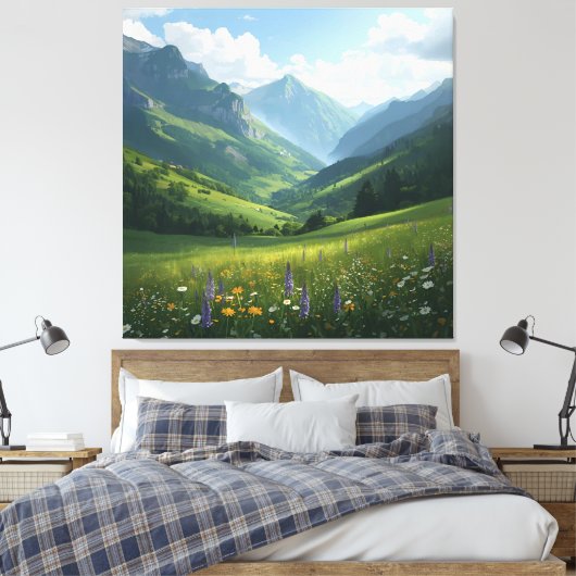 Sonnige Alp Wiese - Landschaftliche Berglandschaft Leinwanddruck (Insitu (Schlafzimmer))