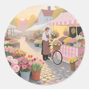Sonnige Blumenstraßenszene Runder Aufkleber