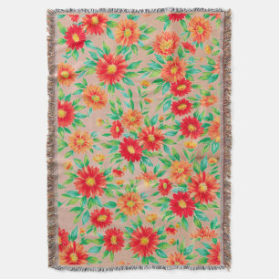 Sonnige Blüten" - Orange und rote Blumen gewebter  Decke