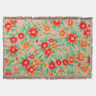 Sonnige Blüten" - Orange und rote Blumen gewebter Decke