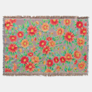 Sonnige Blüten" - Orange und rote florale gewebte  Decke